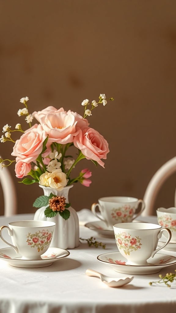 A beautifully arranged tea party setting with floral decorations and elegant teacups.