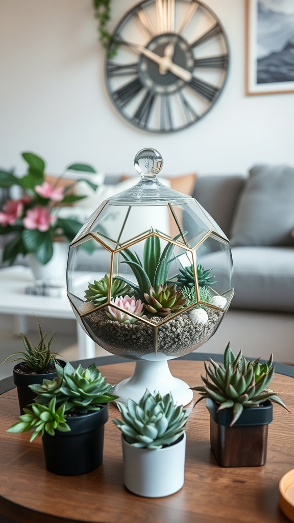 A stylish terrarium centerpiece with succulents and a pink flower, surrounded by smaller potted plants on a wooden table.