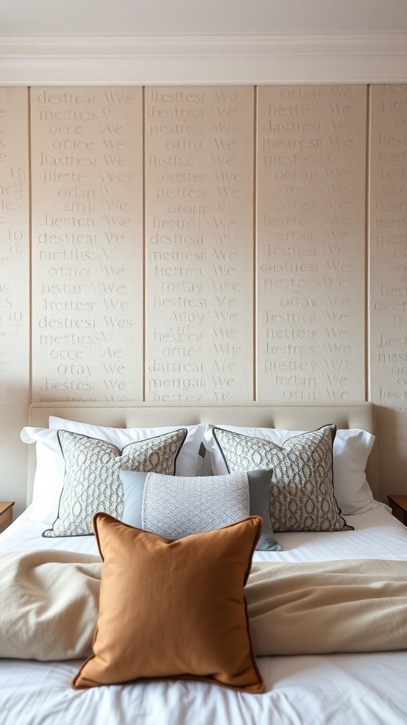 A cozy bedroom featuring a textured cream accent wall with decorative pillows on the bed.