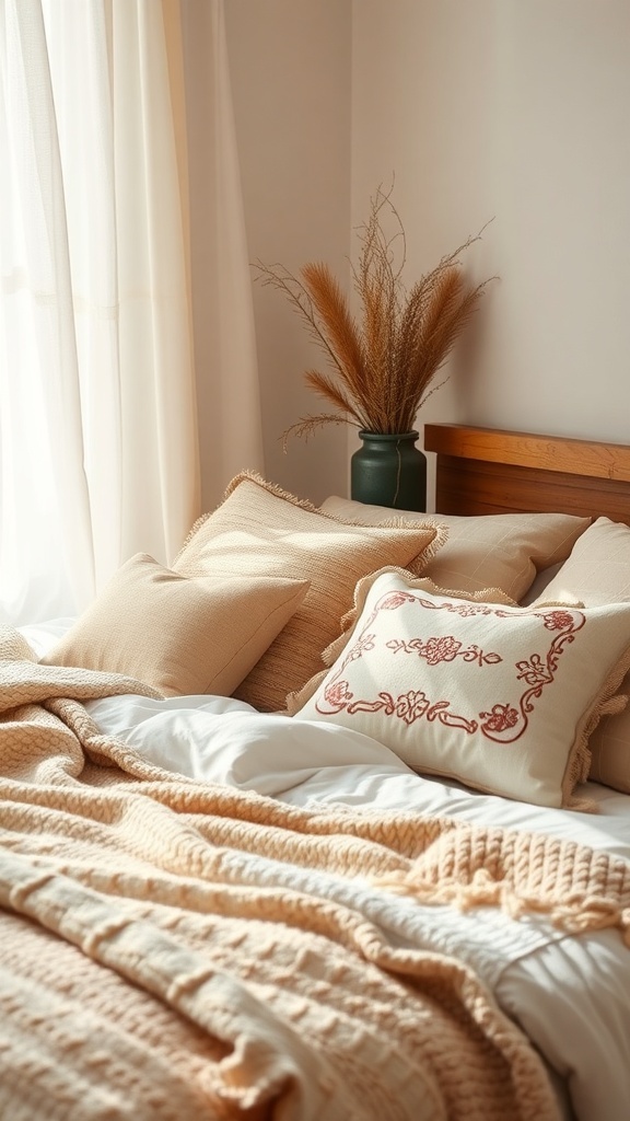 A cozy bedroom with textured fabrics, including soft throws and decorative pillows in warm tones.