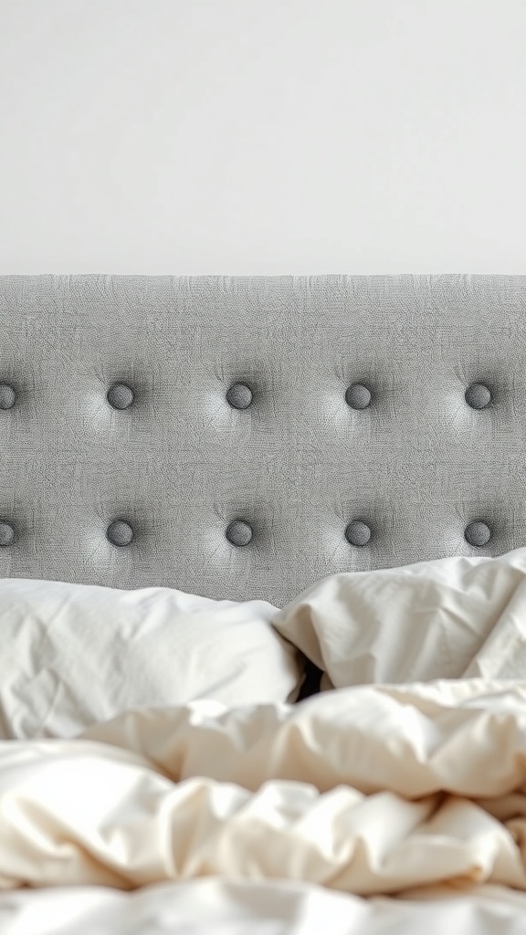 Textured grey headboard with tufted design above a bed with light-colored bedding