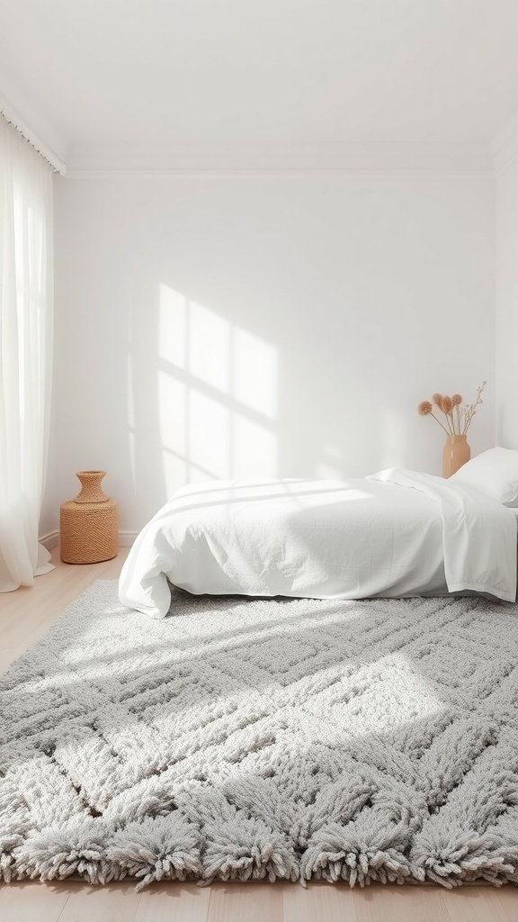 A cozy grey rug in a bright bedroom with white bedding and natural decor.