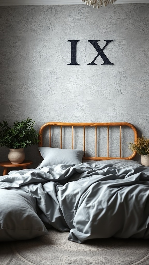 A cozy grey bedroom featuring textured wallpaper, a wooden bed frame, and soft grey bedding.