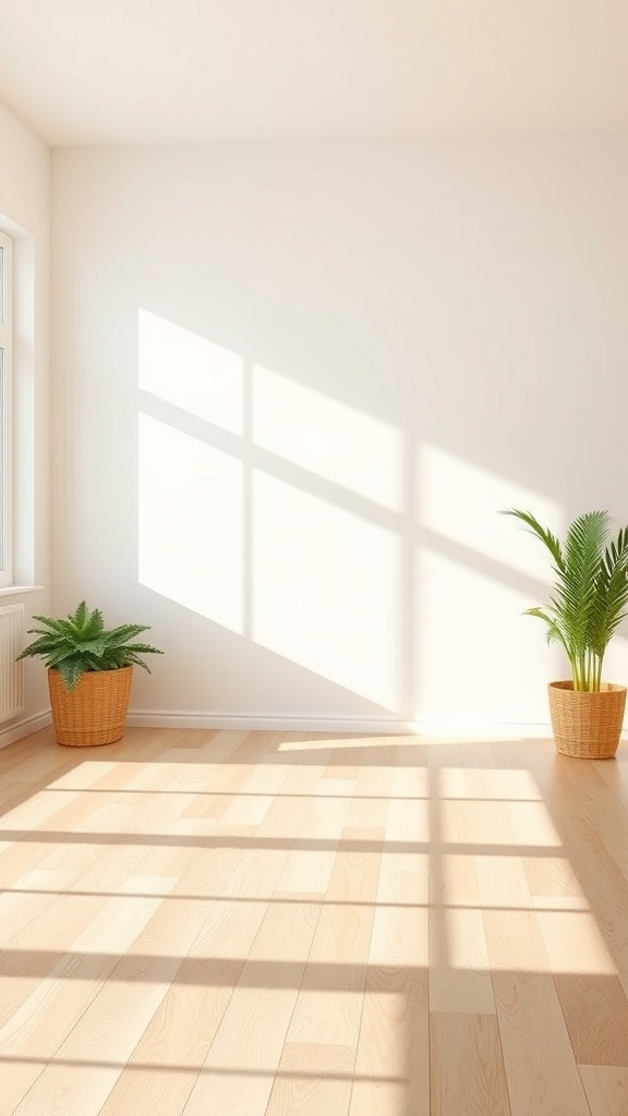 A bright room with light wood flooring and two potted plants.