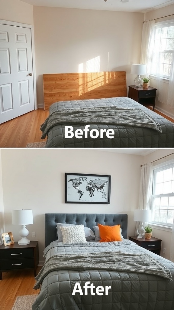 Before and after images of a bedroom showing the transformation with a grey headboard.