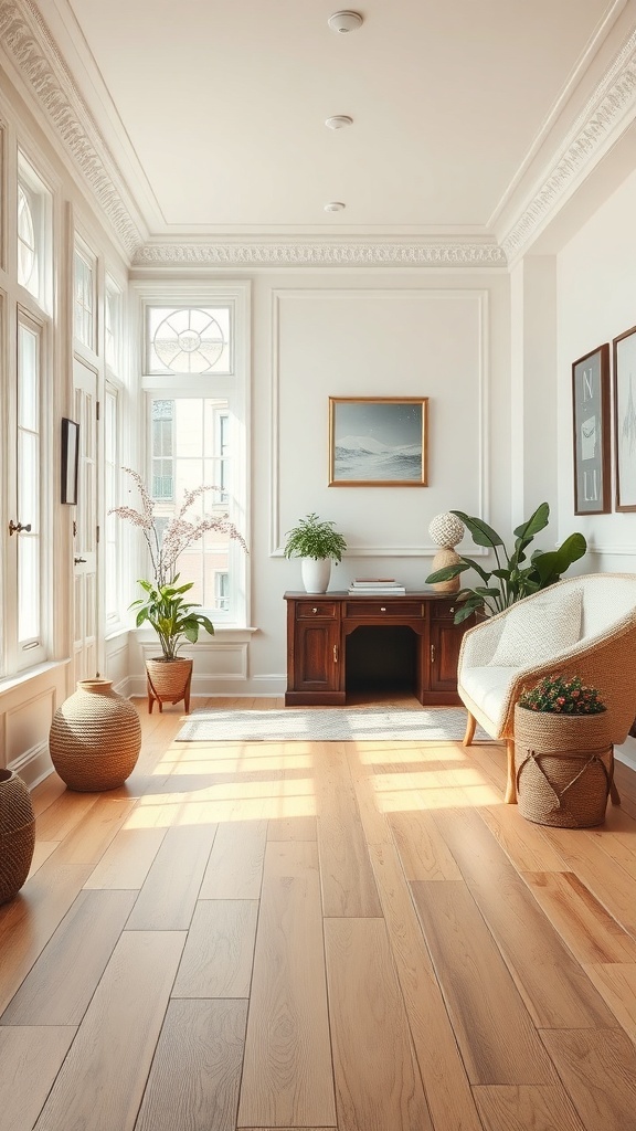 A bright room with light wood flooring, plants, and a cozy chair.