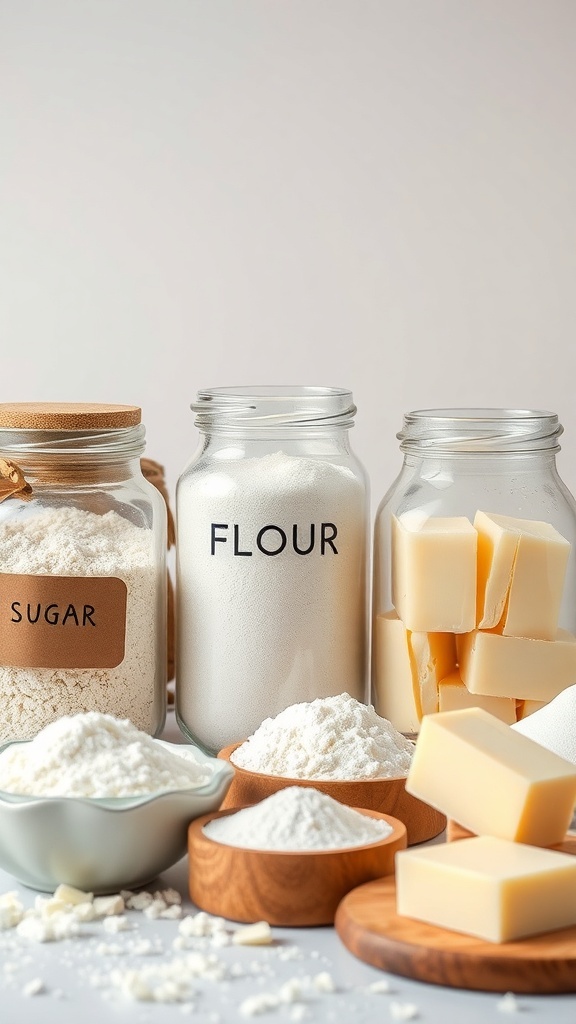 An assortment of baking ingredients including jars of sugar and flour, along with blocks of butter.