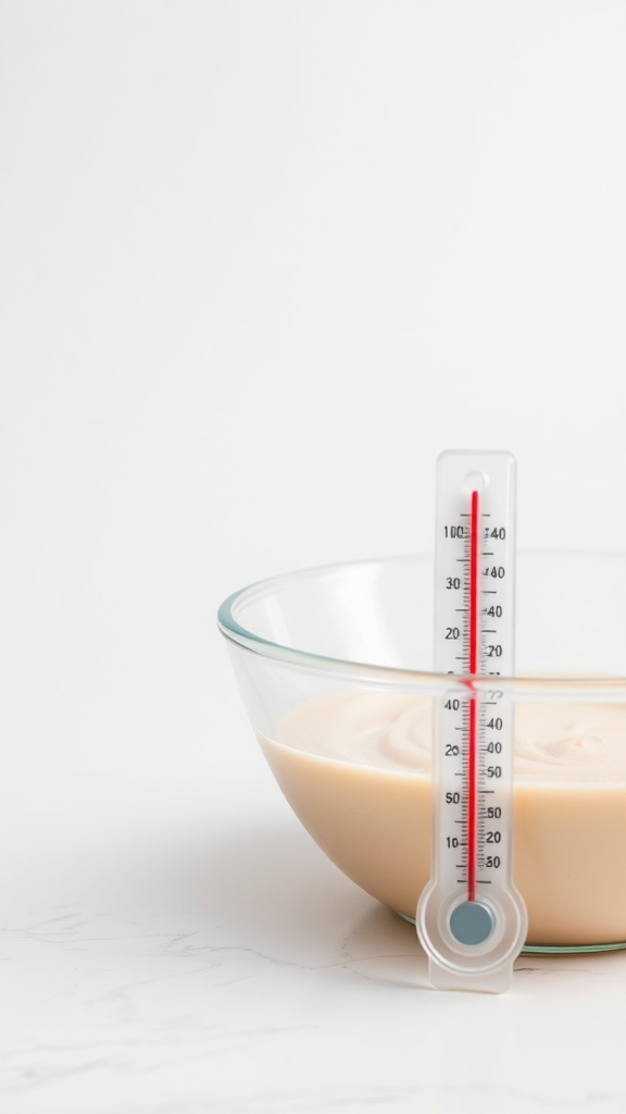 A thermometer placed in a bowl of batter, showing the temperature reading.