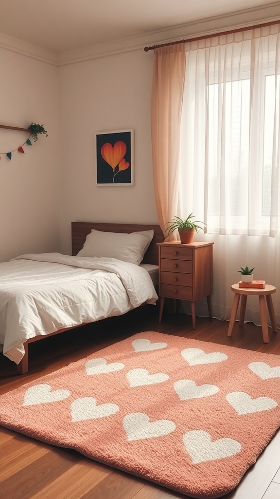 A cozy bedroom with a heart-themed area rug, light curtains, and wooden furniture.