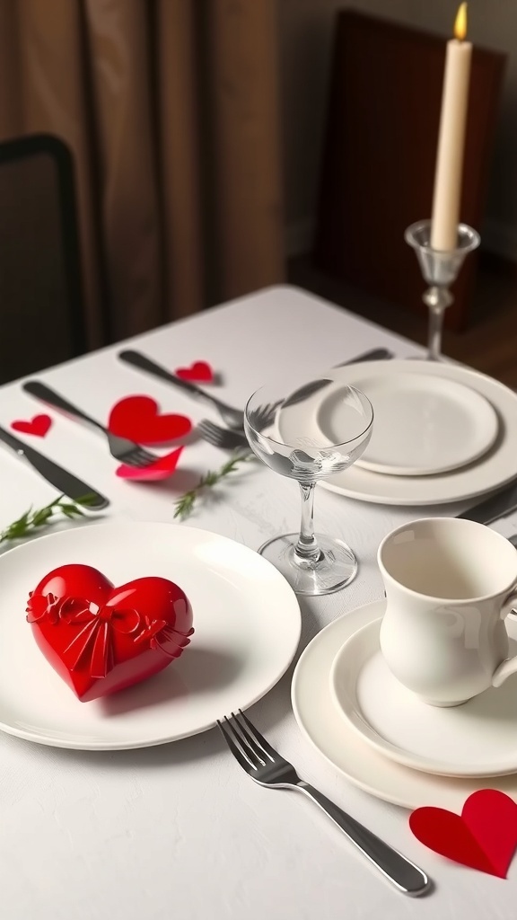 A romantic dinner table setting for Valentine's Day with heart-shaped decorations, elegant plates, and a candle.