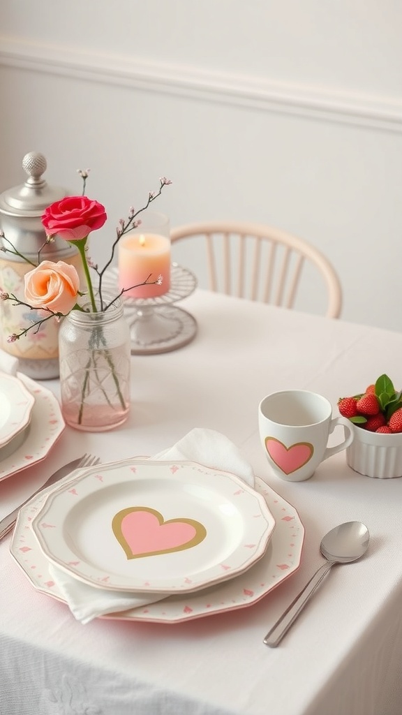 A beautifully set Valentine's table with heart-themed dinnerware, flowers, and candles.