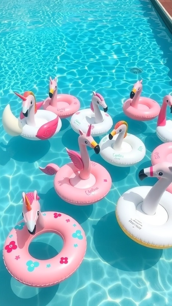 Colorful themed floaties in a pool, including unicorns and flamingos.