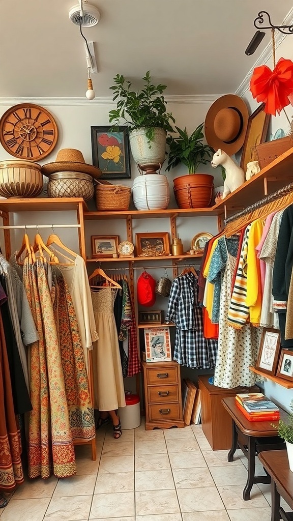 A cozy vintage shop display featuring colorful dresses, hats, and decorative items.