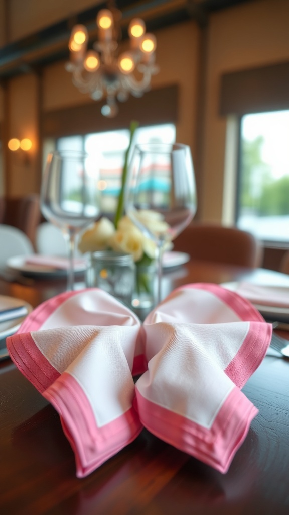 A beautifully folded pink and white napkin shaped like a bow on a dining table.