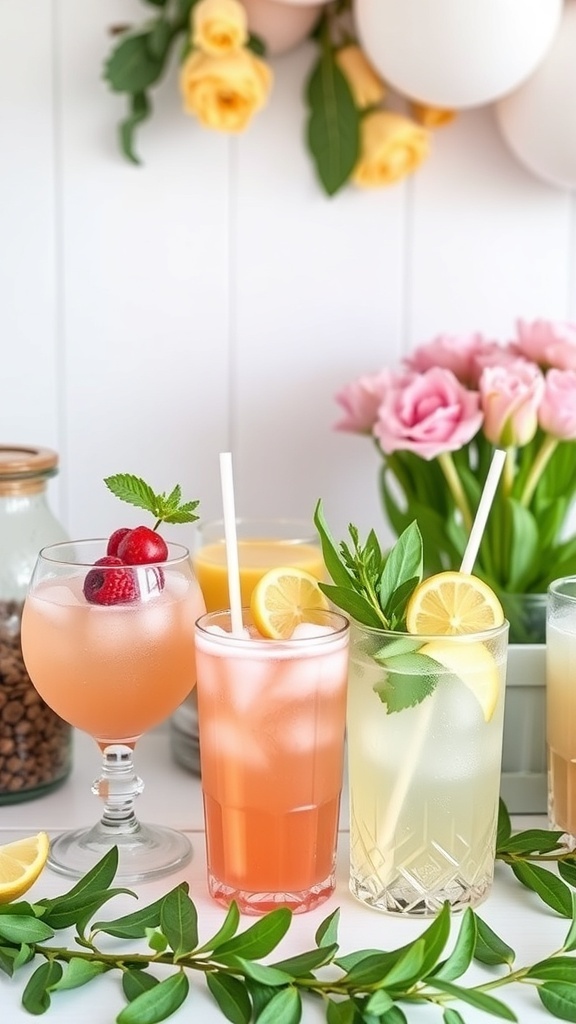 A vibrant display of refreshing drinks with fruits and herbs, perfect for a spring baby shower.