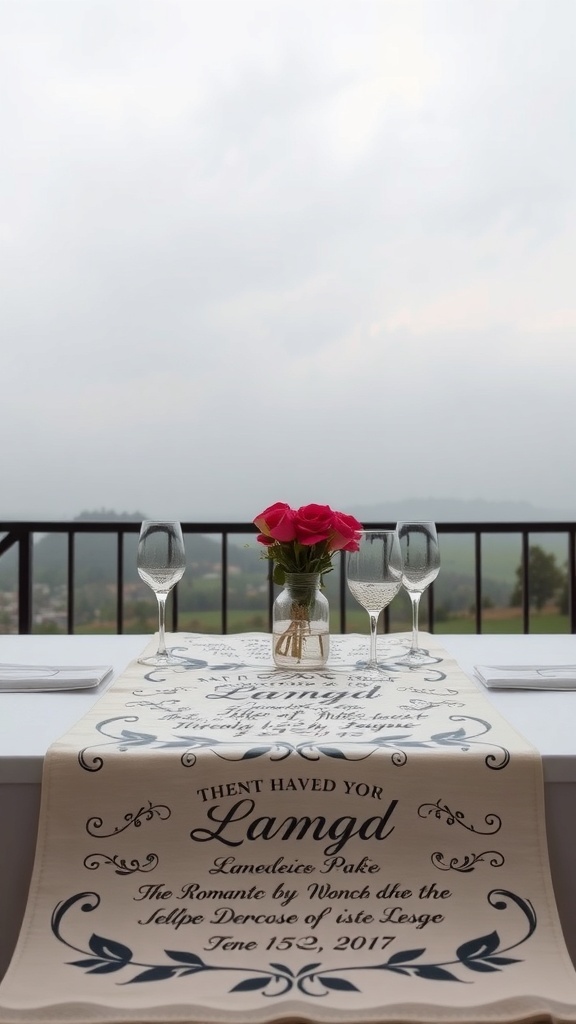 A table set with a themed runner featuring love quotes, pink roses in a vase, and elegant glassware.