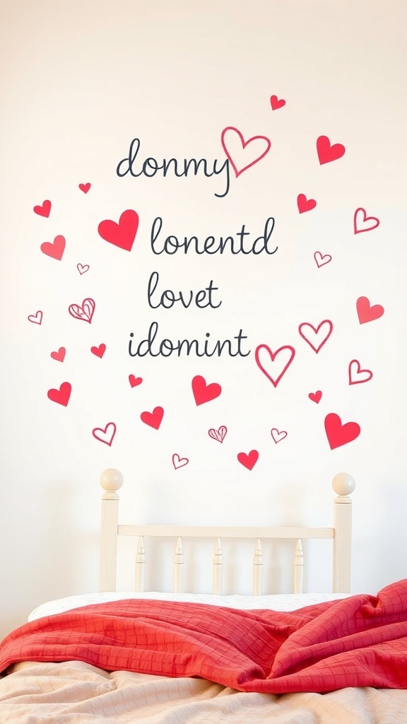 Wall decals featuring hearts and romantic phrases on a bedroom wall