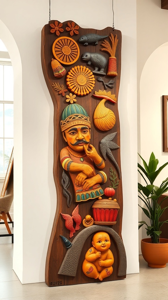 A traditional wood carving featuring a figure, animals, and colorful patterns.