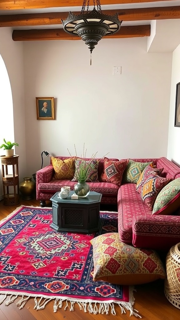 Cozy living room with traditional Moroccan textiles, including a colorful rug and cushions.