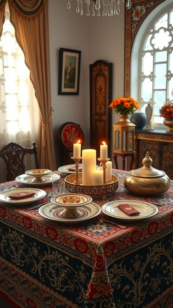 Traditional Ramadan table setting with elegant plates, candles, and decorative elements.