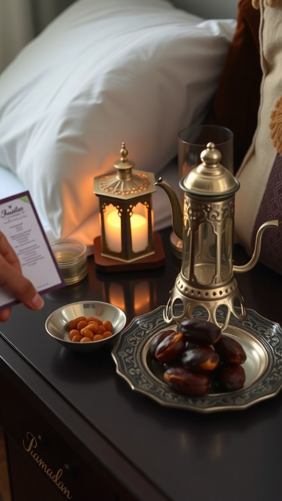A traditional Ramadan table setup with dates, nuts, a coffee pot, and a lantern.
