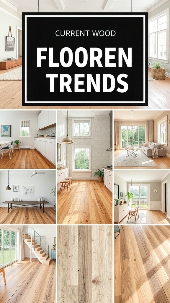 A collage showcasing various light wood flooring designs in different interior settings.