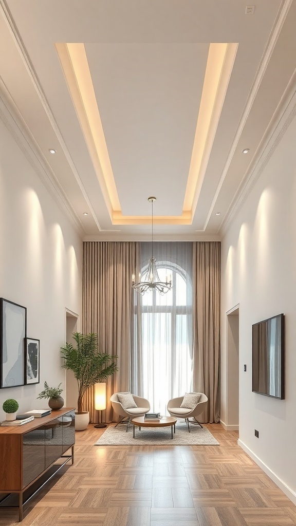A stylish passage ceiling design featuring clean lines and soft lighting.