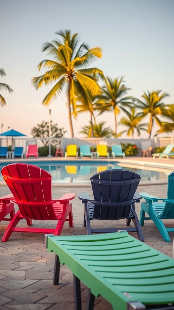 Colorful lounge chairs by the pool with palm trees in the background