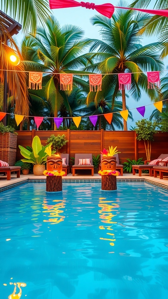 A tropical luau themed pool party with tiki statues, colorful banners, and palm trees.