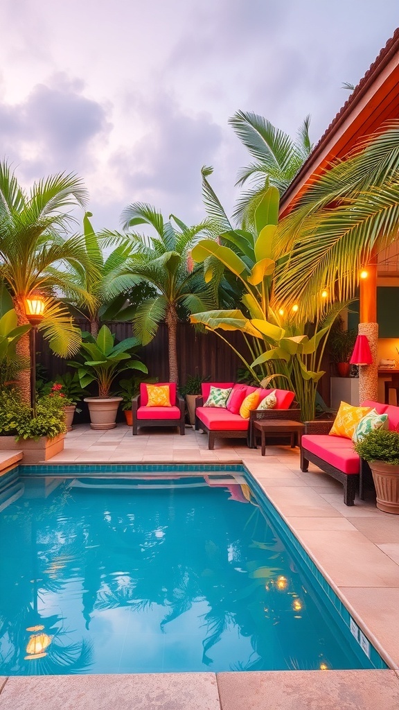 A tropical pool area with red and yellow cushions, surrounded by lush green plants.