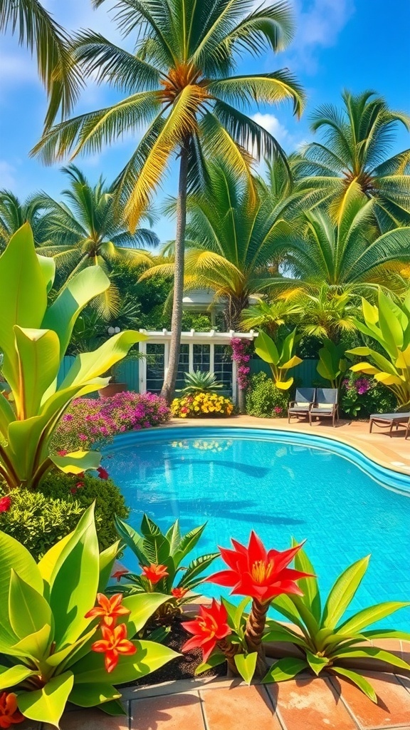 A tropical pool area surrounded by palm trees and colorful flowers.