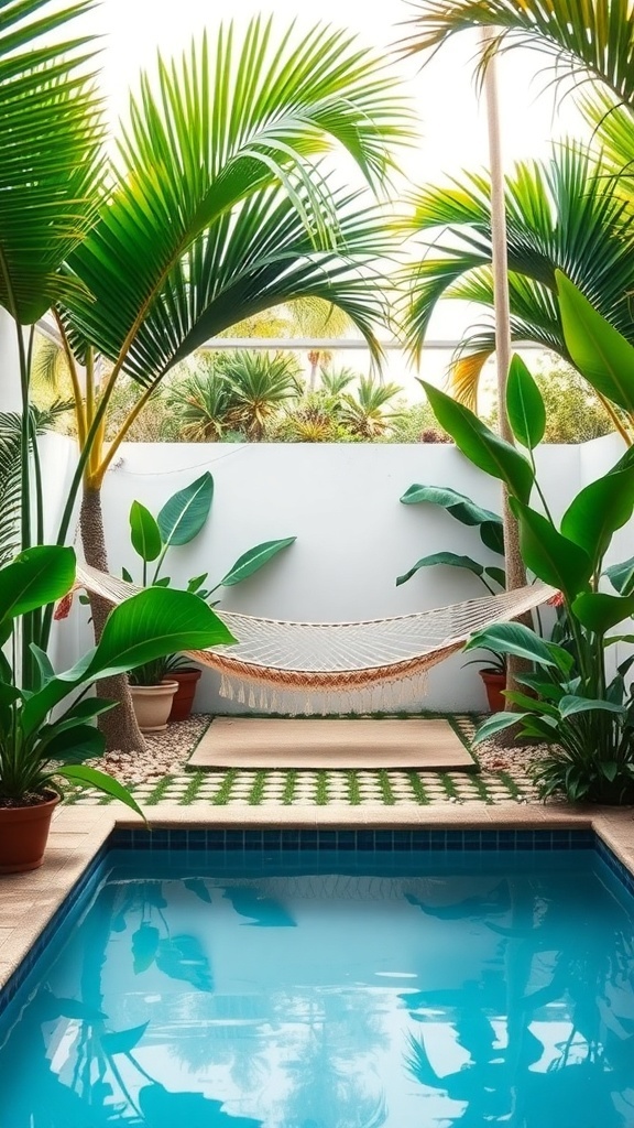 A small backyard pool surrounded by tropical plants and a hammock.