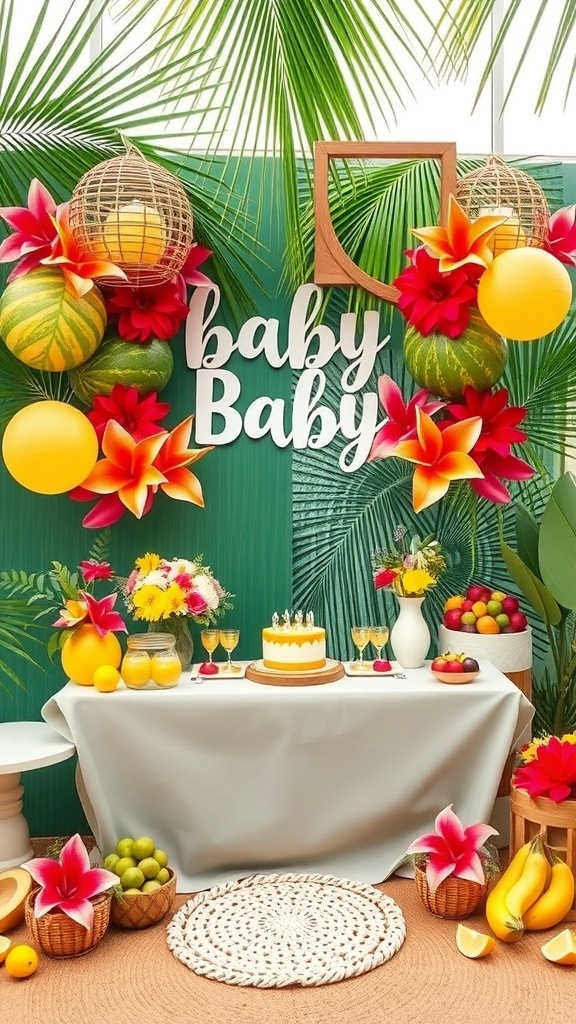 A vibrant tropical baby shower setup with flowers, fruits, and decorations.