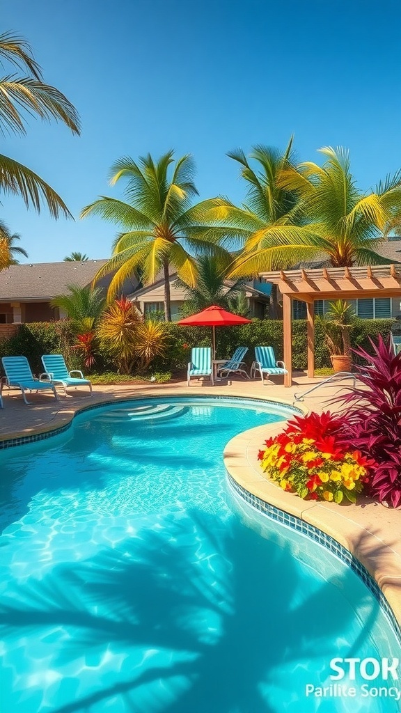Backyard pool with palm trees, colorful flowers, and lounge chairs