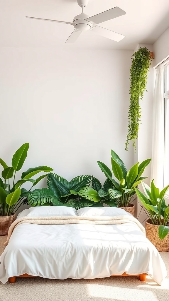 A bright bedroom featuring a bed with white bedding and lush tropical plants in pots.