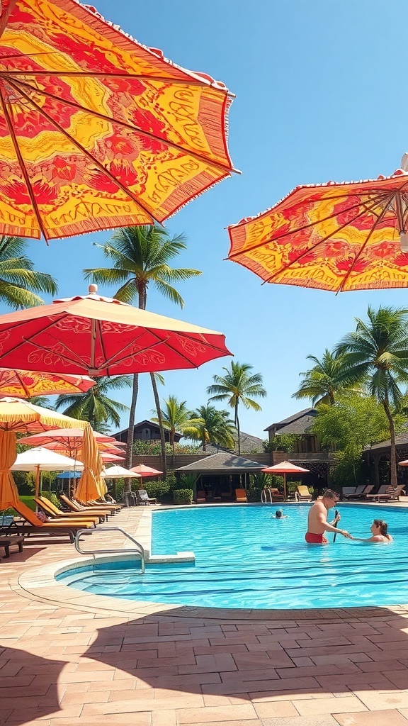 Colorful tropical themed pool umbrellas by a swimming pool