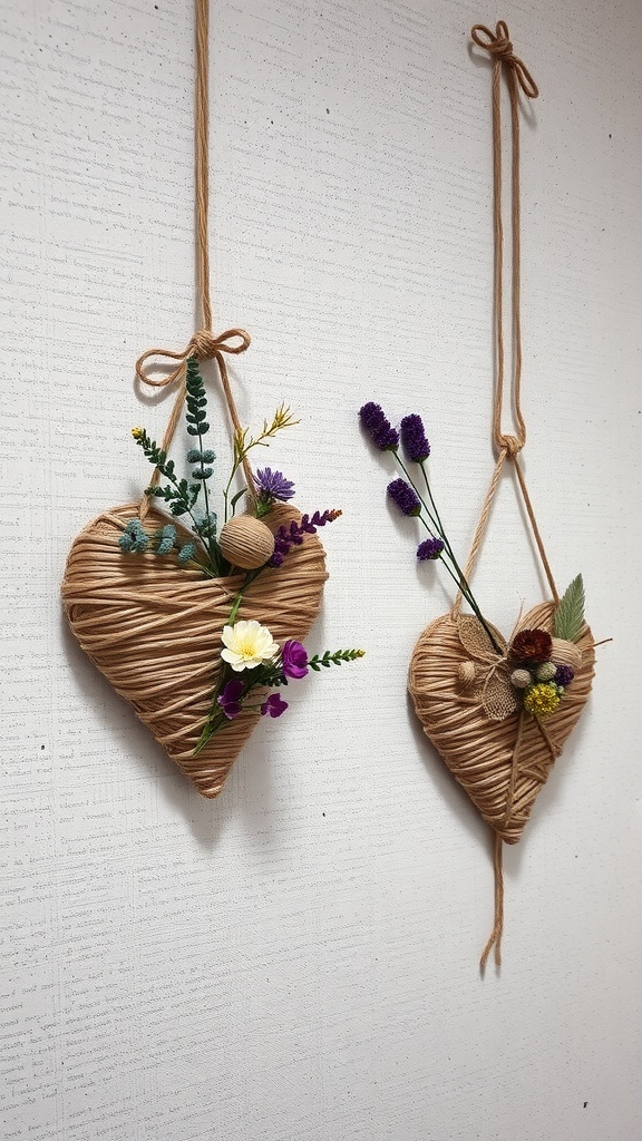 Two twine-wrapped heart wall hangings with dried flowers, hanging on a wall.