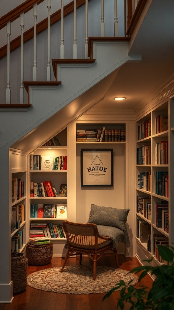 Cozy reading nook under the stairs with a chair and bookshelves.