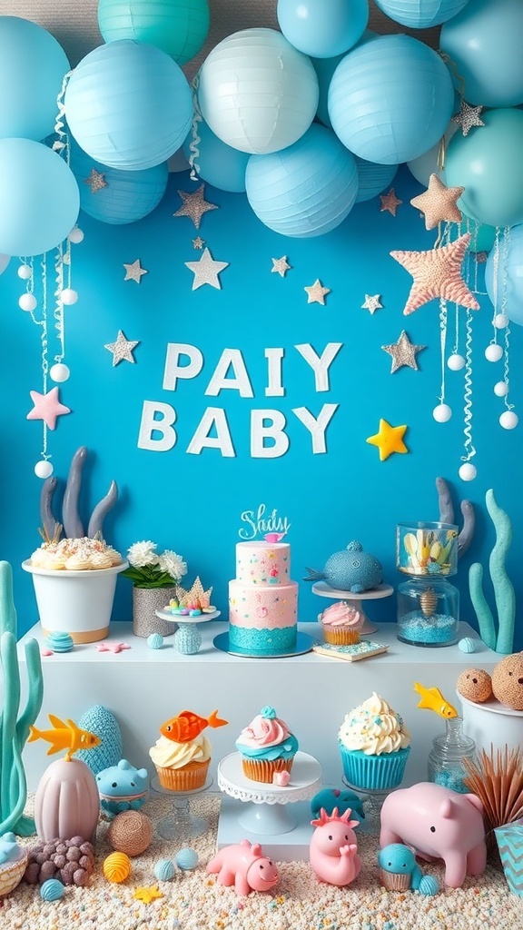 A colorful under the sea themed baby shower display with blue balloons, a cake, and ocean-themed treats.