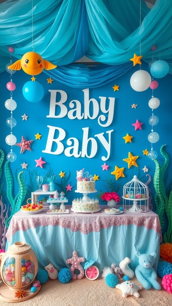 A vibrant under the sea themed baby shower setup with a blue backdrop, hanging decorations, and a beautifully decorated cake.