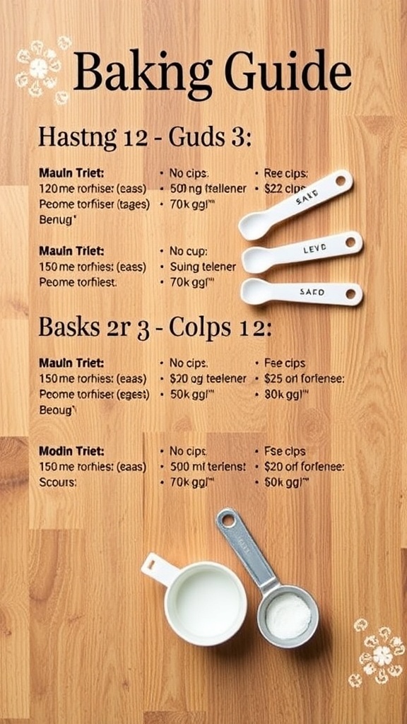 A baking guide showing measurements and conversions for various ingredients on a wooden surface.