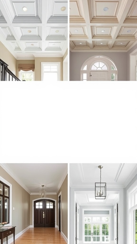 Various styles of passage ceilings showcasing coffered and modern designs.