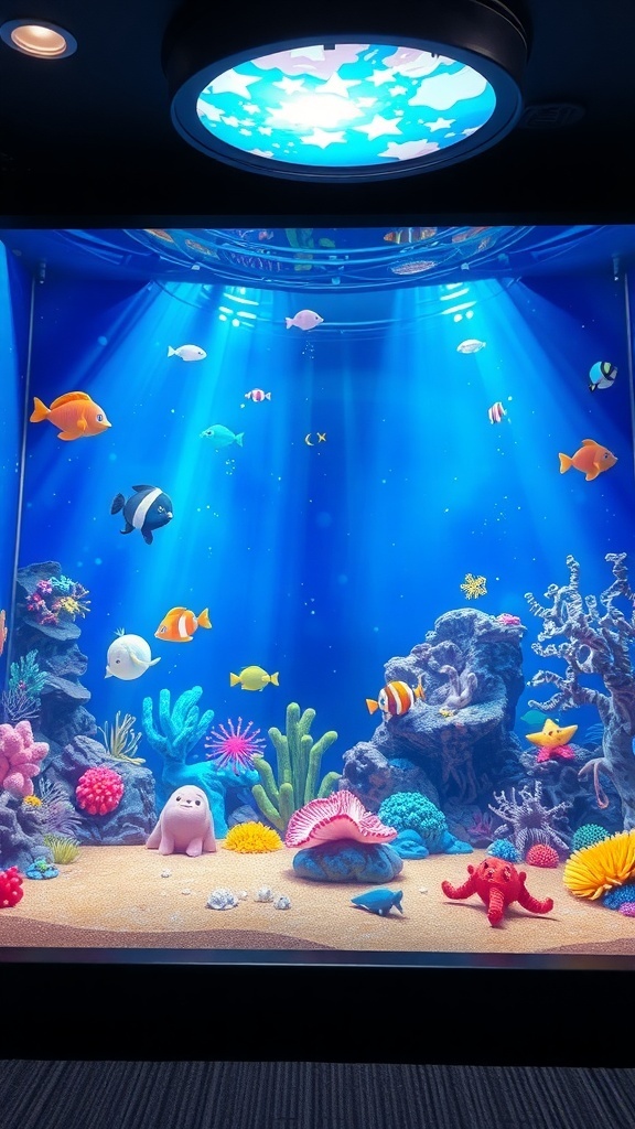 Colorful underwater scene with fish, corals, and a cute seal