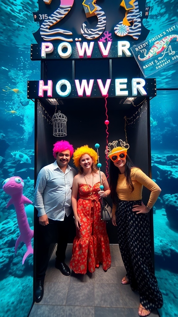 Three friends posing in an underwater-themed photo booth with colorful props.
