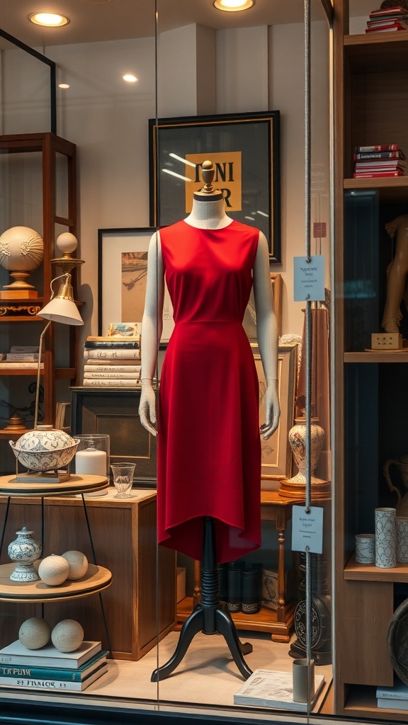 A vintage shop display featuring a red dress on a mannequin surrounded by various vintage items.