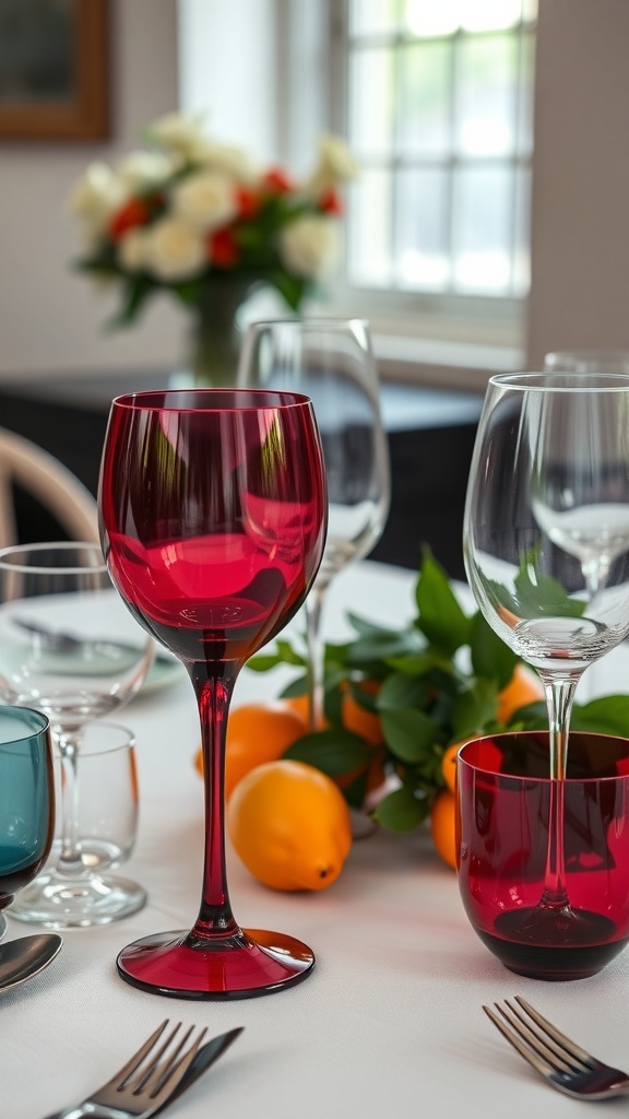 A beautifully set table featuring unique glassware in various colors, with a floral centerpiece and fresh fruits.