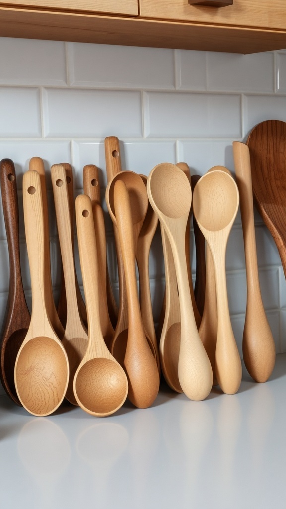 A collection of wooden kitchen utensils including various spoons, displayed on a countertop.