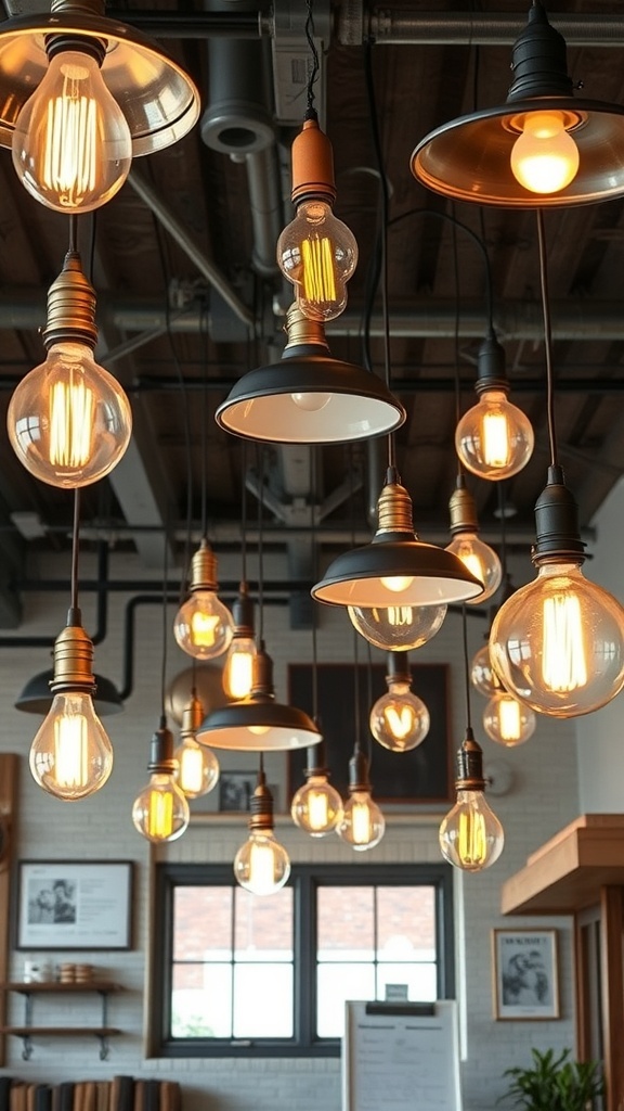 A collection of unique hanging light fixtures in an industrial farmhouse setting.