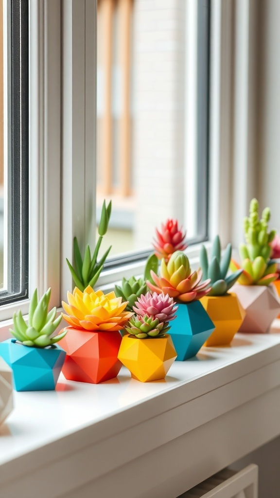 Colorful geometric planters with succulents on a windowsill