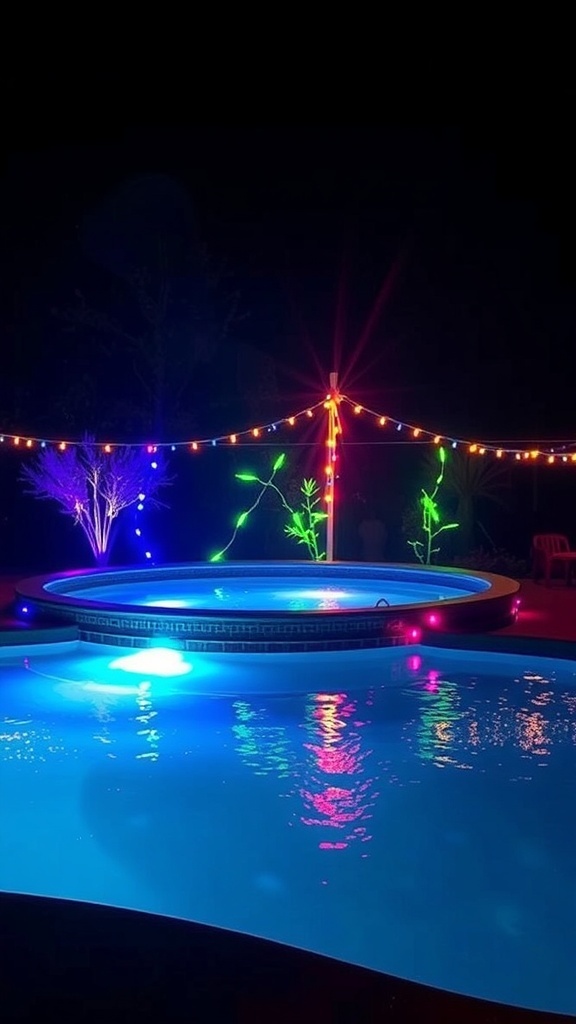 Colorful lights around an above ground pool at night
